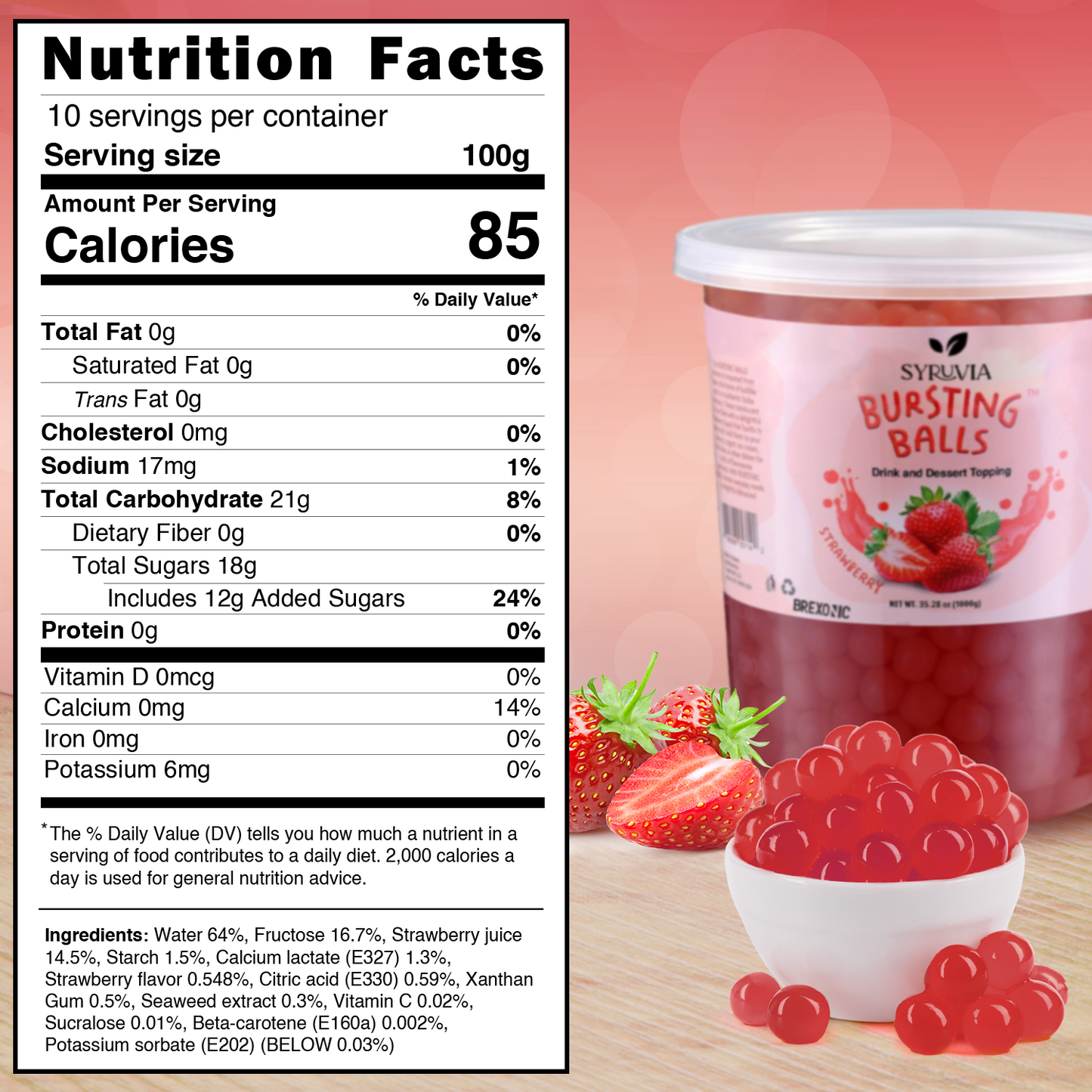 2 LB Strawberry Flavored Boba Balls for a Bursting and Popping Boba Experience ( 1 case 12x 2lb)